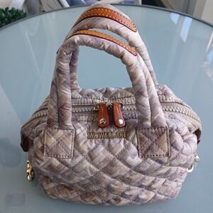 MZ Wallace Quilted Woven Tote Bag Purse Brown Tan Beige Leather Accents NO STRAP